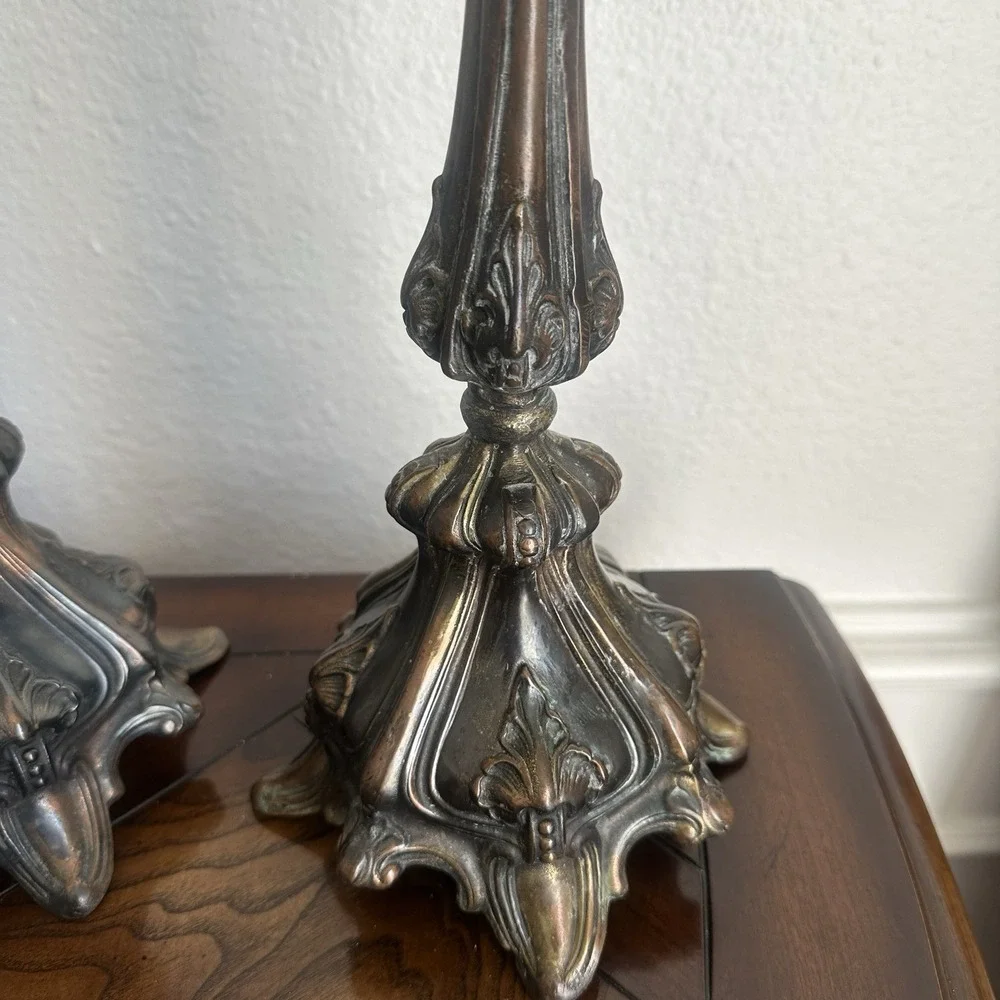 Antique Victorian Candlestick Pair 13 Inch‎ Baroque Footed Copper Bronze Gilt